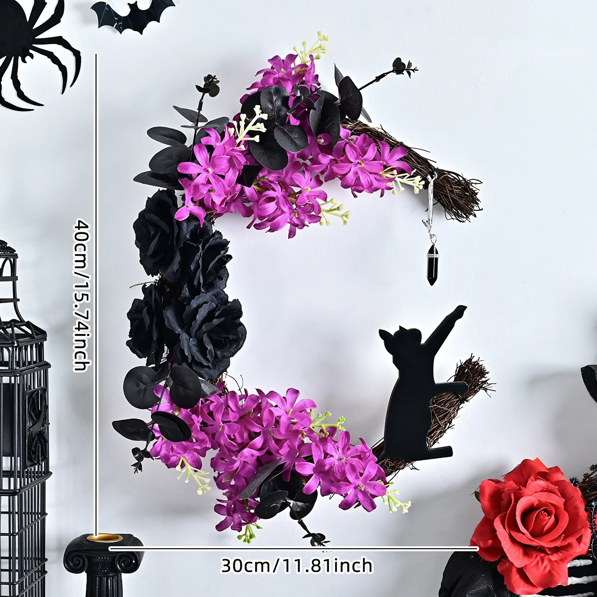 Size diagram for artificial halloween bat flower wreath, 40 cm