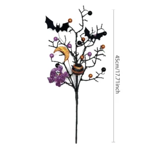 Size diagram for artificial halloween bat skull pumpkin pick, 45 cm