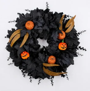 Alternate view of black leaf and pumpkin Halloween wreath