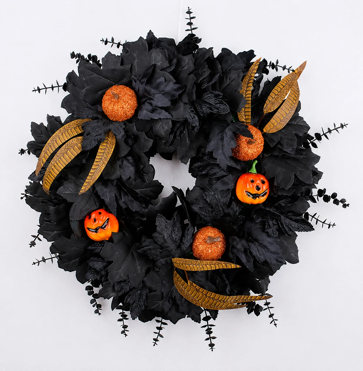 Alternate view of black leaf and pumpkin Halloween wreath