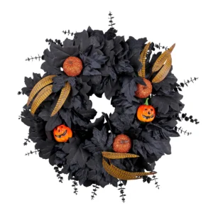 Couronne de feuille noire artificielle d'Halloween avec citrouilles orange, 50 cm