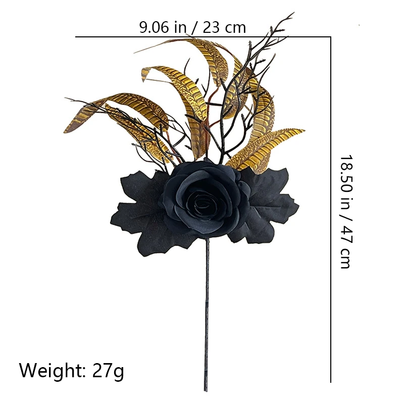 Size diagram for artificial halloween pumpkin and black rose pick collection, black rose gold leaves