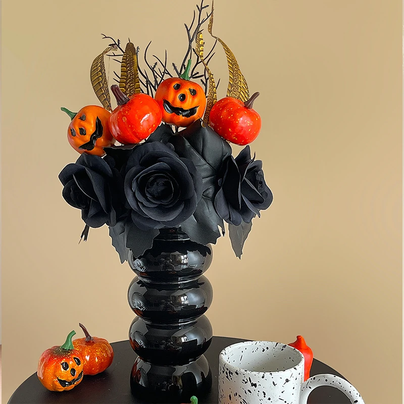 Application display of double pumpkin black rose artificial halloween pumpkin and black rose pick collection