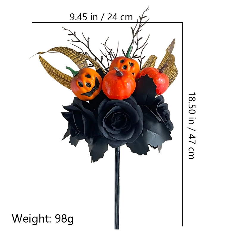 Size diagram for artificial halloween pumpkin and black rose pick collection, double pumpkin black rose