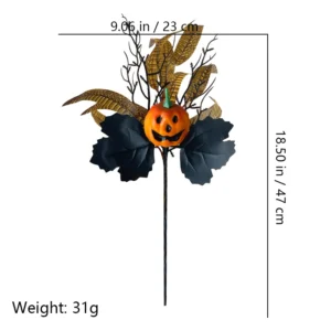 Size diagram for artificial halloween pumpkin and black rose pick collection, jack o lantern black leaves