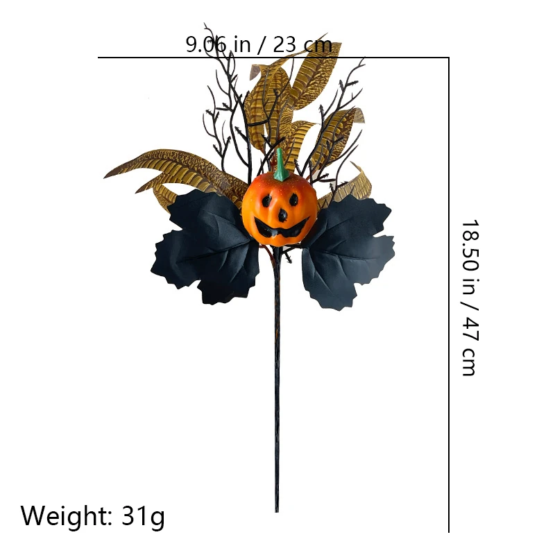 Size diagram for artificial halloween pumpkin and black rose pick collection, jack o lantern black leaves