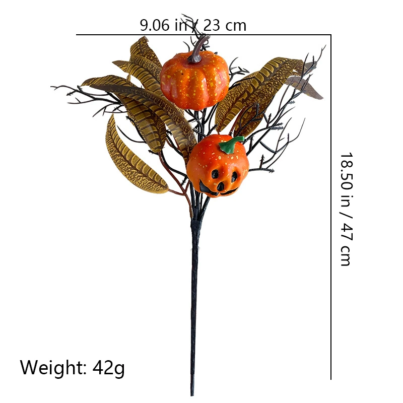 Size diagram for artificial halloween pumpkin and black rose pick collection, pumpkin gold leaves