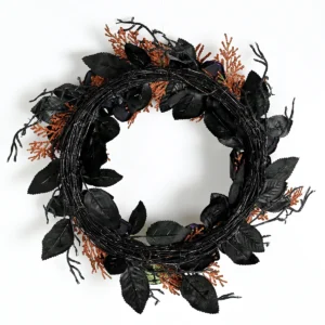 Back view of artificial halloween pumpkin rose spider wreath