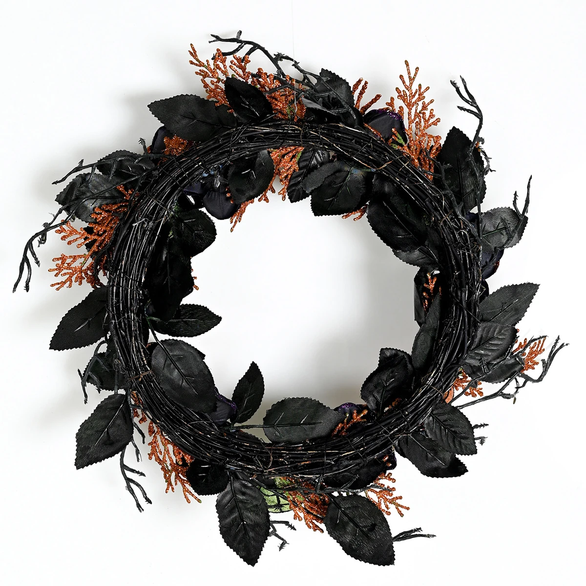 Back view of artificial halloween pumpkin rose spider wreath