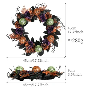 Size diagram for artificial halloween pumpkin rose spider wreath, 45 cm