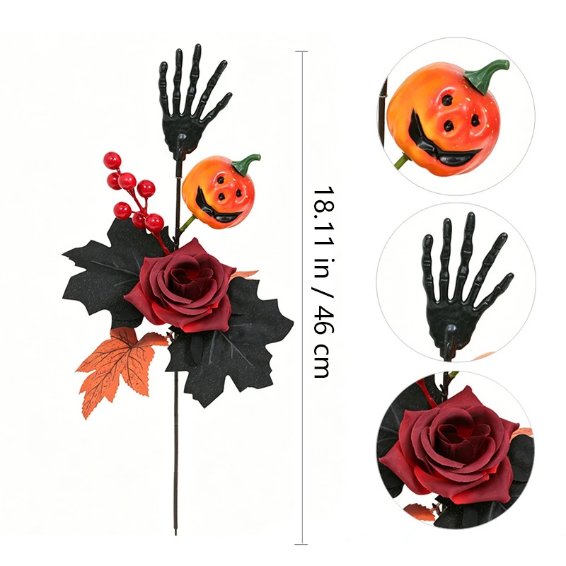 Close-up of orange pumpkin artificial halloween skeleton hand rose pick collection