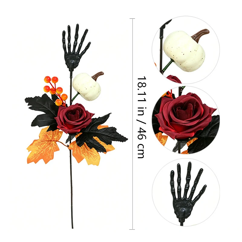 Close-up of white pumpkin artificial halloween skeleton hand rose pick collection