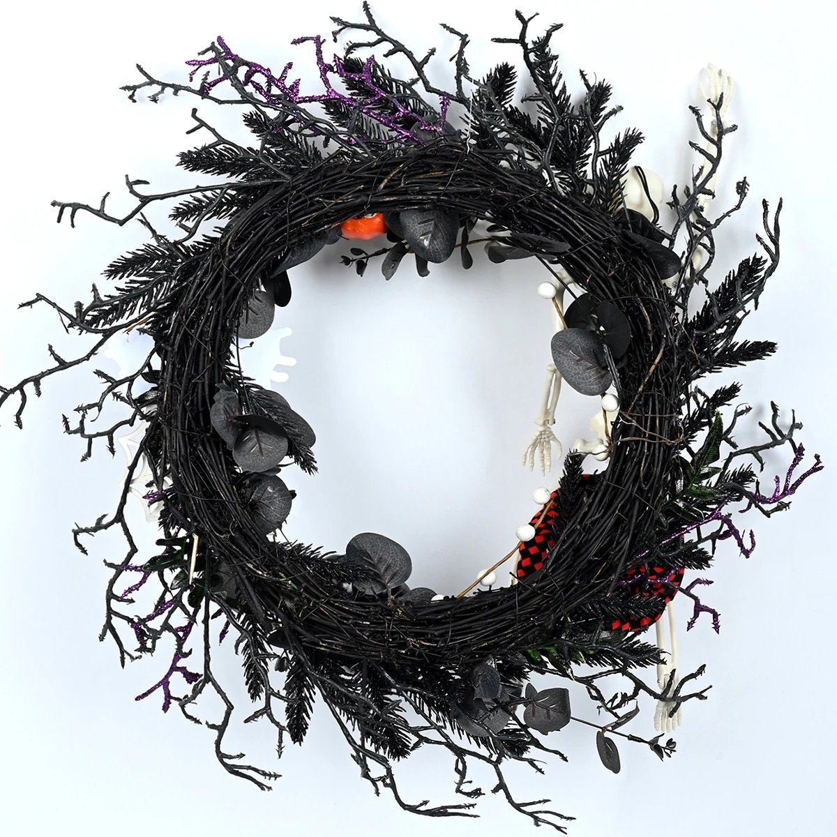 Back view of artificial halloween skeleton wreath