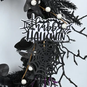 Close-up of sign artificial halloween skeleton wreath
