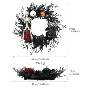Size diagram for artificial halloween skeleton wreath, 50 cm