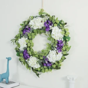 Artificial Hydrangea Eucalyptus Wreath shown in a decorative display