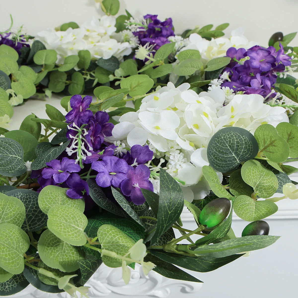 Close-up of detail artificial hydrangea eucalyptus wreath