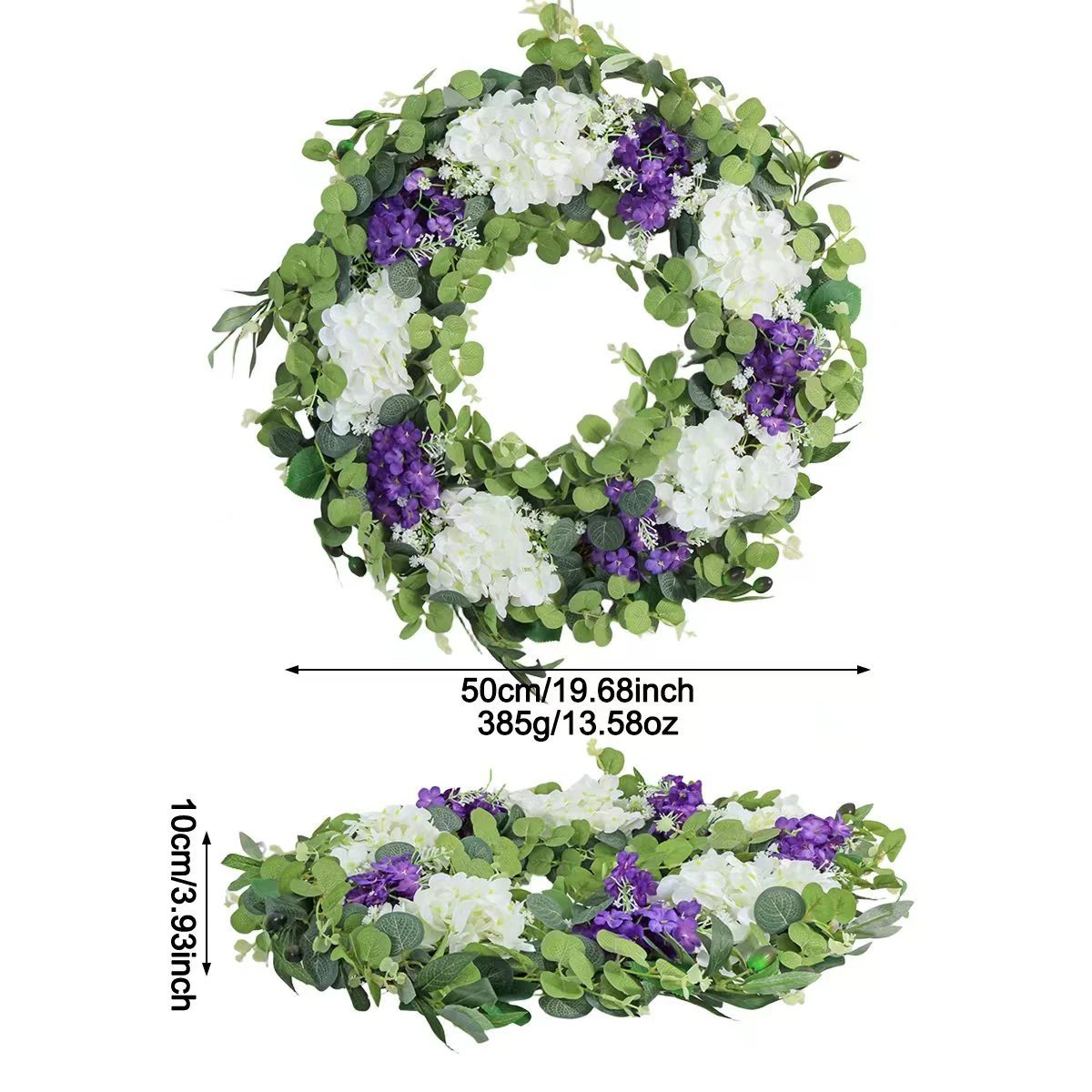 Size diagram for artificial hydrangea eucalyptus wreath, 50 cm