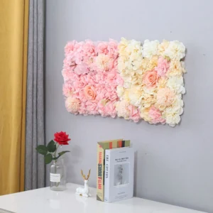 Artificial Hydrangea and Rose Flower Wall Panel shown in champagne mix wall application