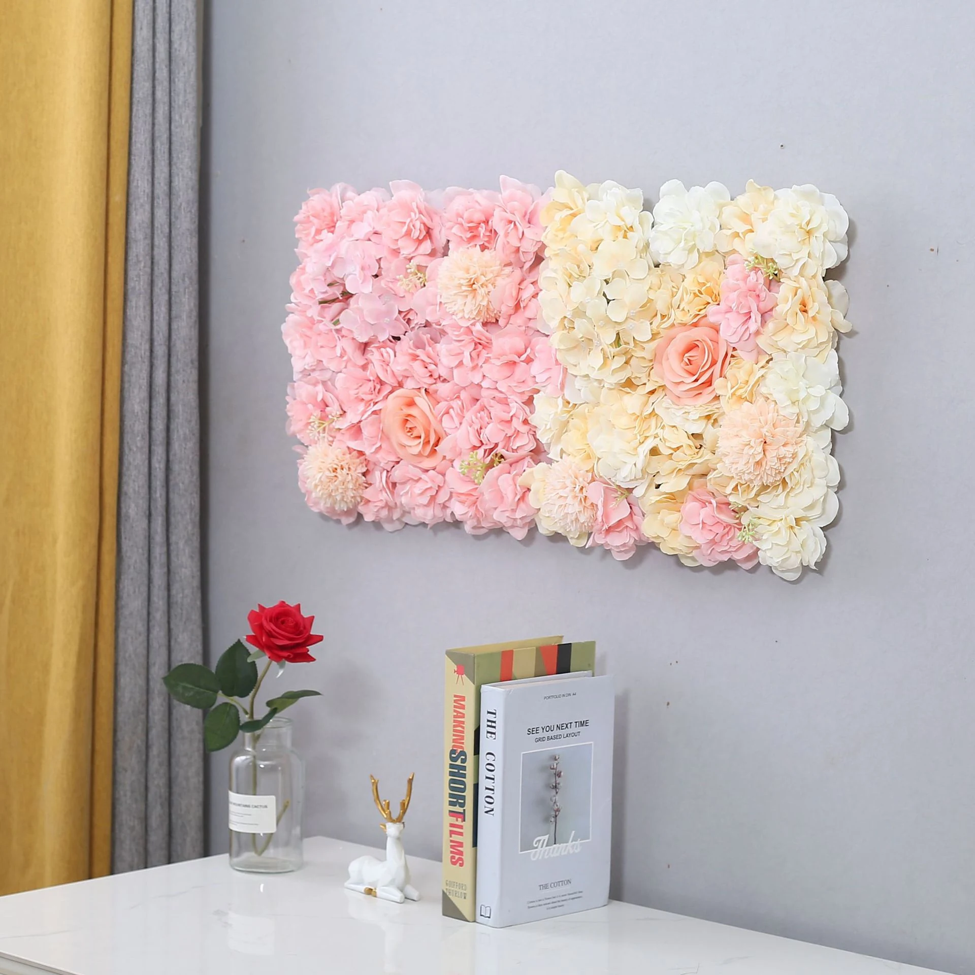 Artificial Hydrangea and Rose Flower Wall Panel shown in champagne mix wall application