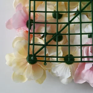 Close-up of grid backing detail for artificial hydrangea and rose flower wall panel