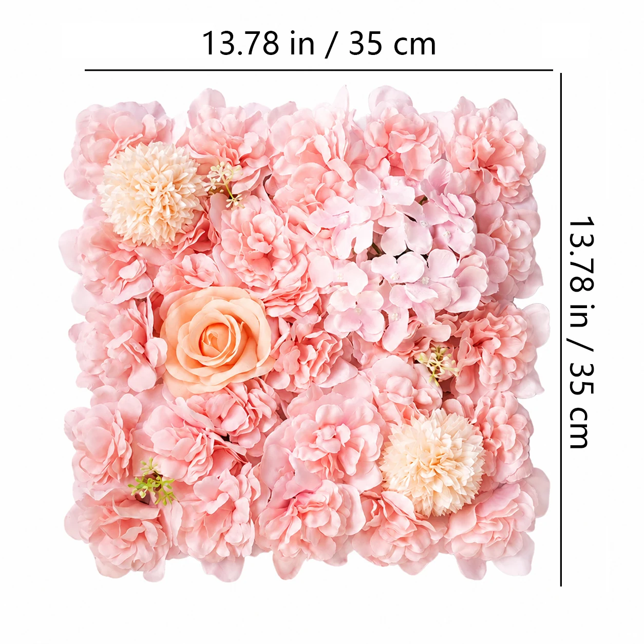 Size diagram for light pink artificial hydrangea and rose flower wall panel