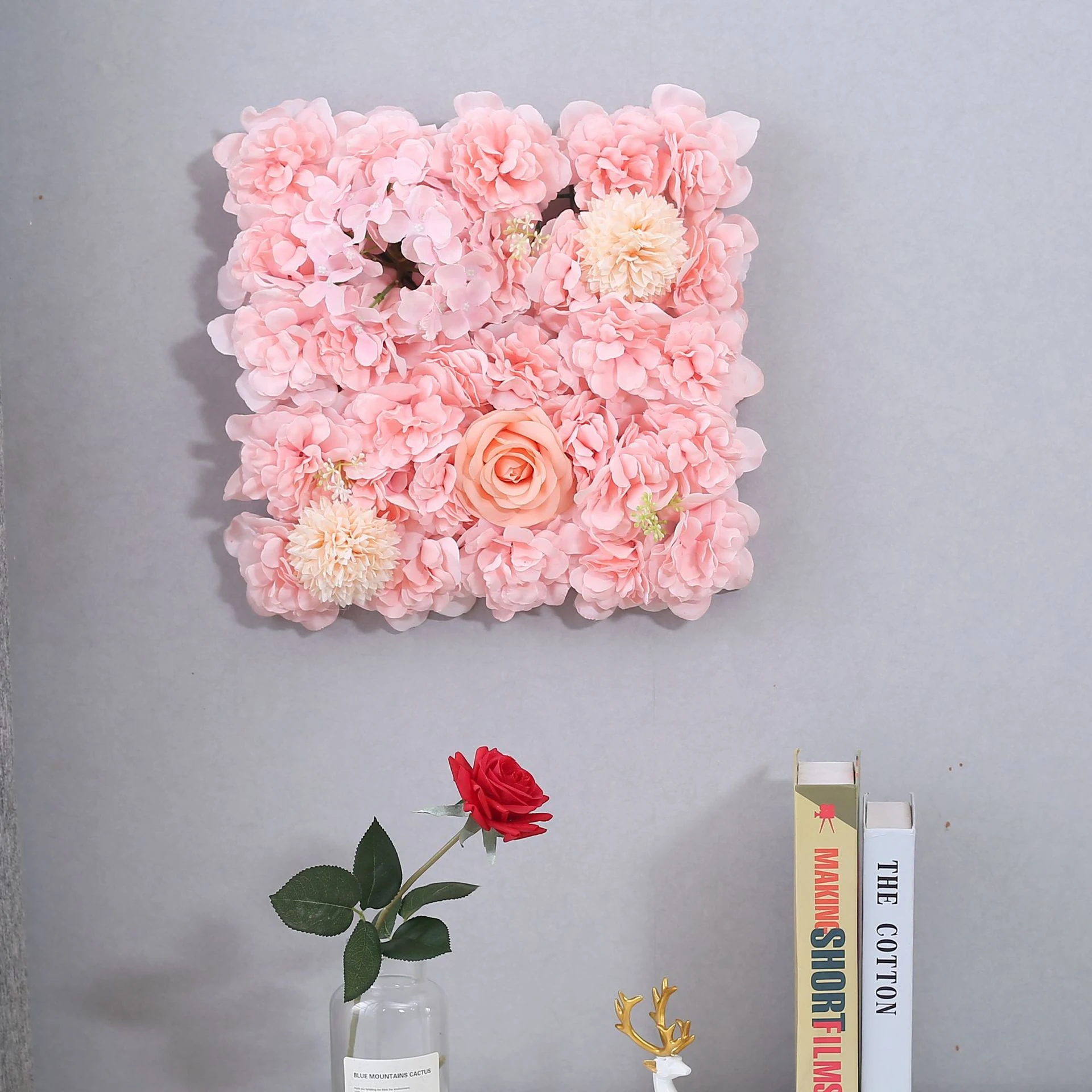 Artificial Hydrangea and Rose Flower Wall Panel shown in light pink wall application