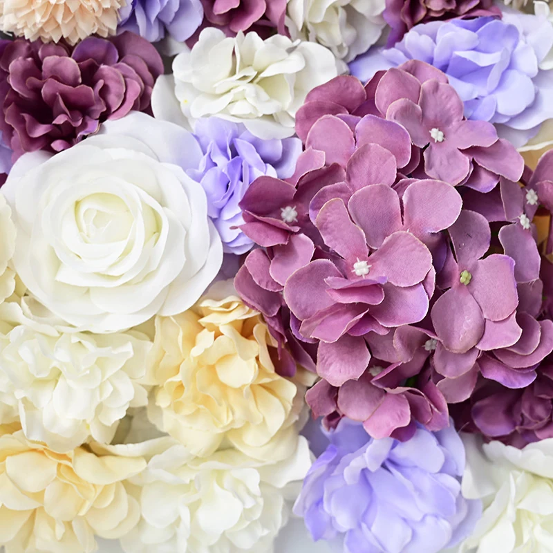 Close-up of purple mix detail for artificial hydrangea and rose flower wall panel