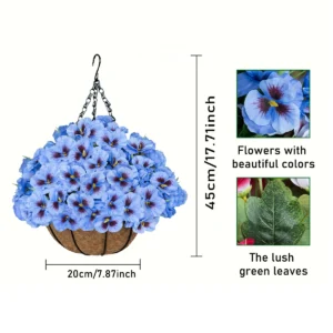 blue artificial large pansy hanging basket