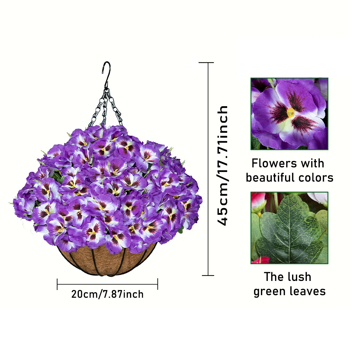 purple artificial large pansy hanging basket