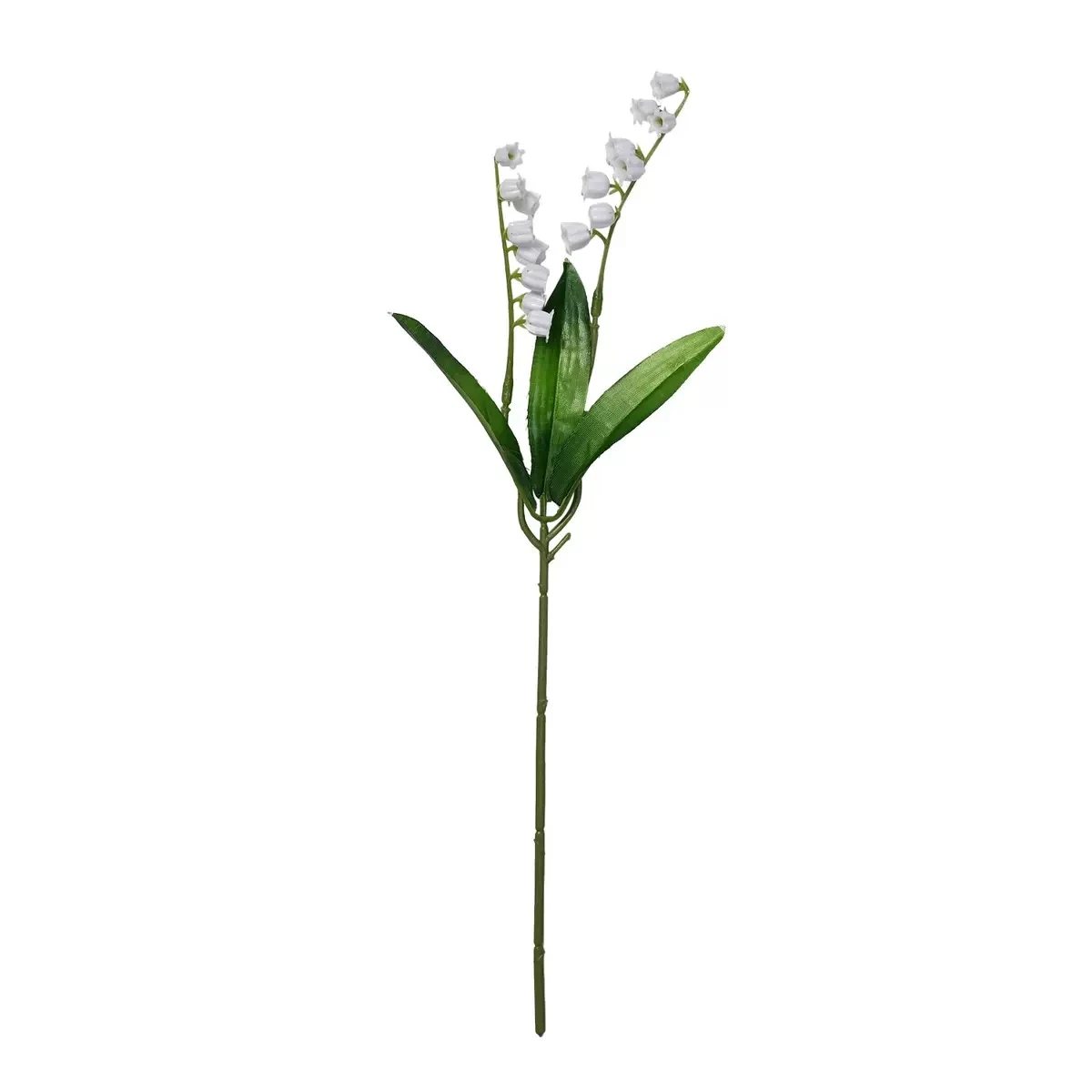 White artificial lily of the valley stem with two flowering branches, 38 cm
