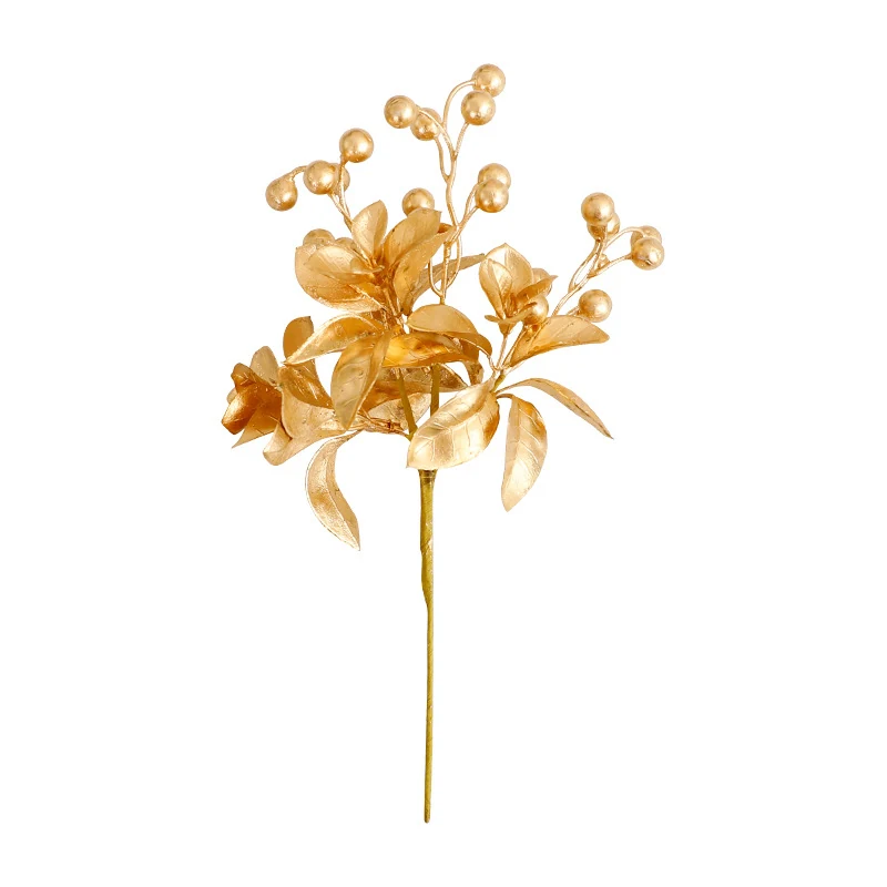 Gold metallic Christmas pick with lily flowers and berries