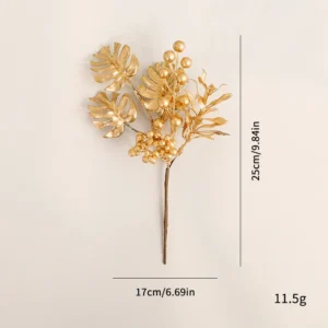 Gold metallic Christmas pick with monstera leaves and berries, 25 cm