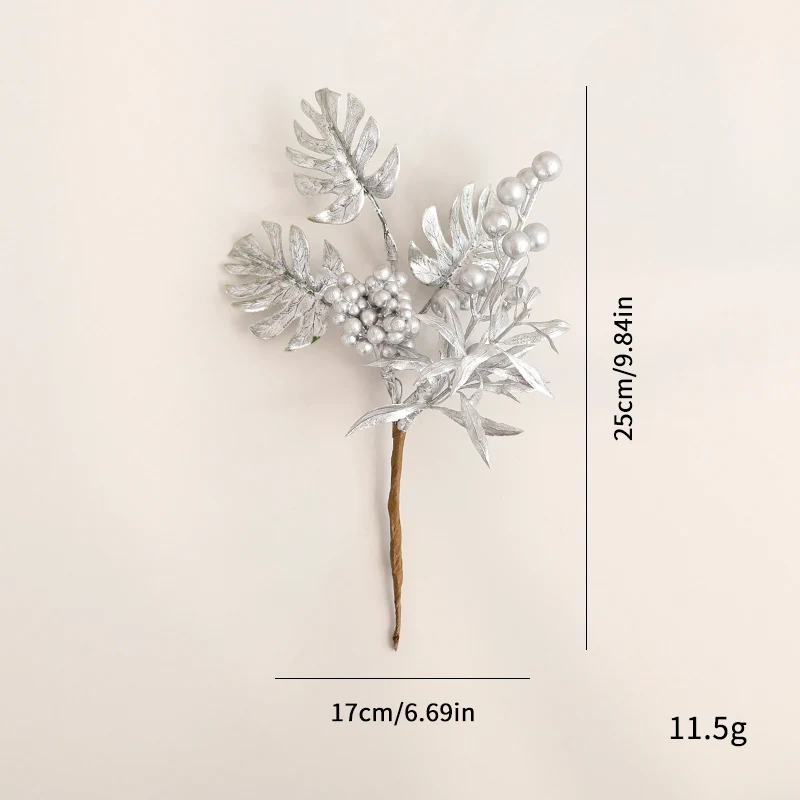 Silver metallic Christmas pick with monstera leaves and berries, 25 cm