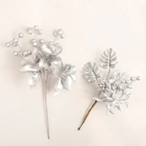 Silver metallic Christmas floral pick styles with berries and leaves