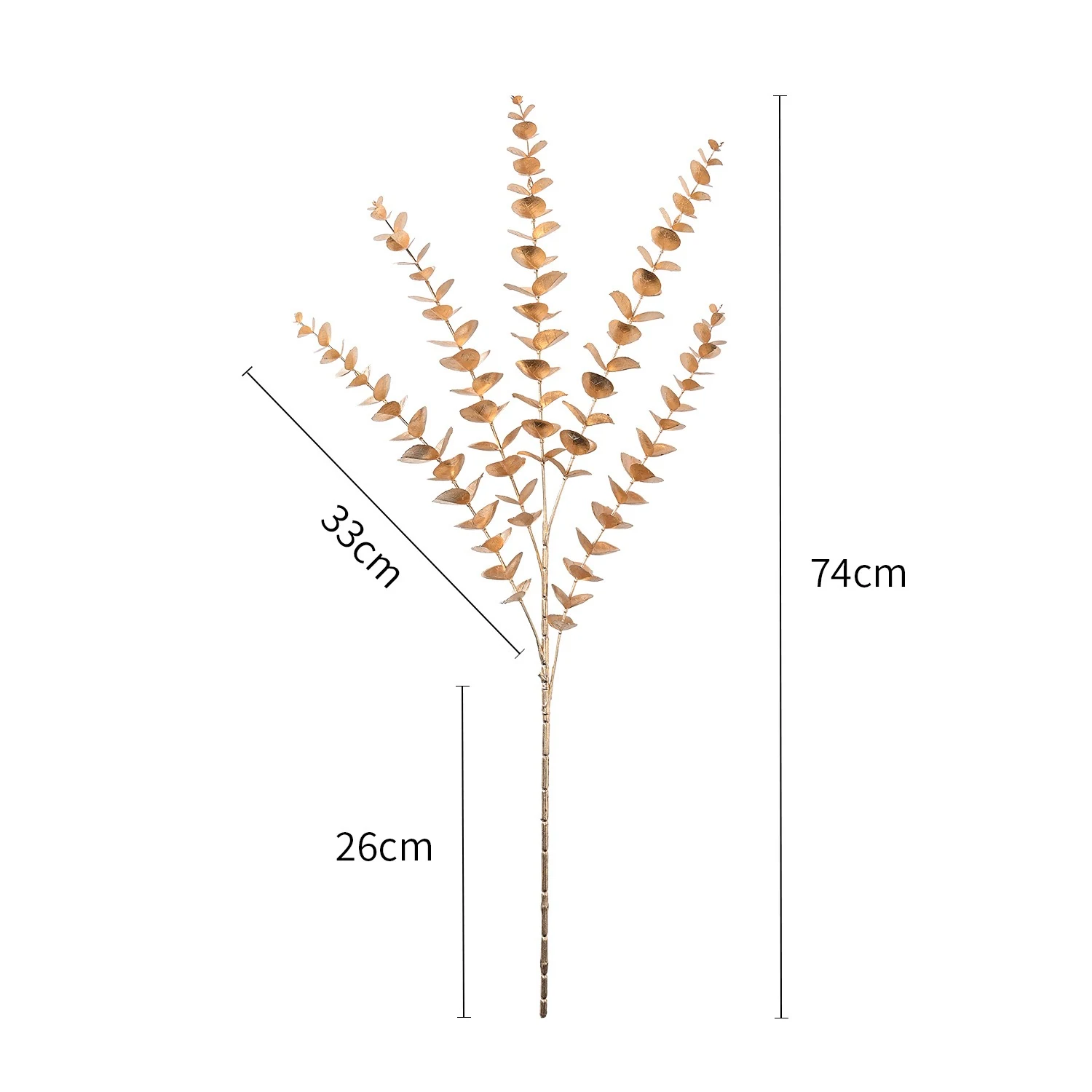Size diagram for 74 cm gold artificial metallic eucalyptus spray