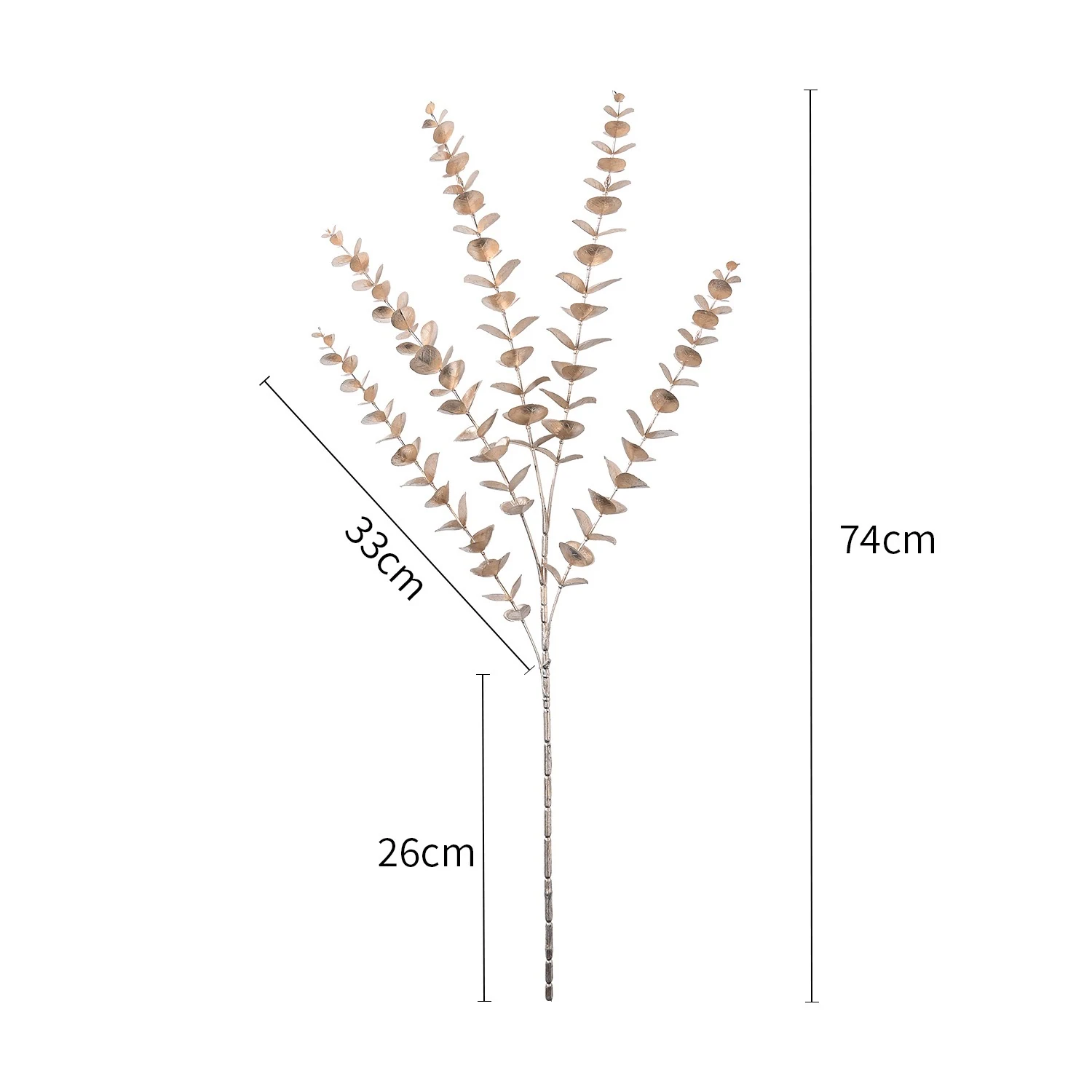 Size diagram for 74 cm rose gold artificial metallic eucalyptus spray