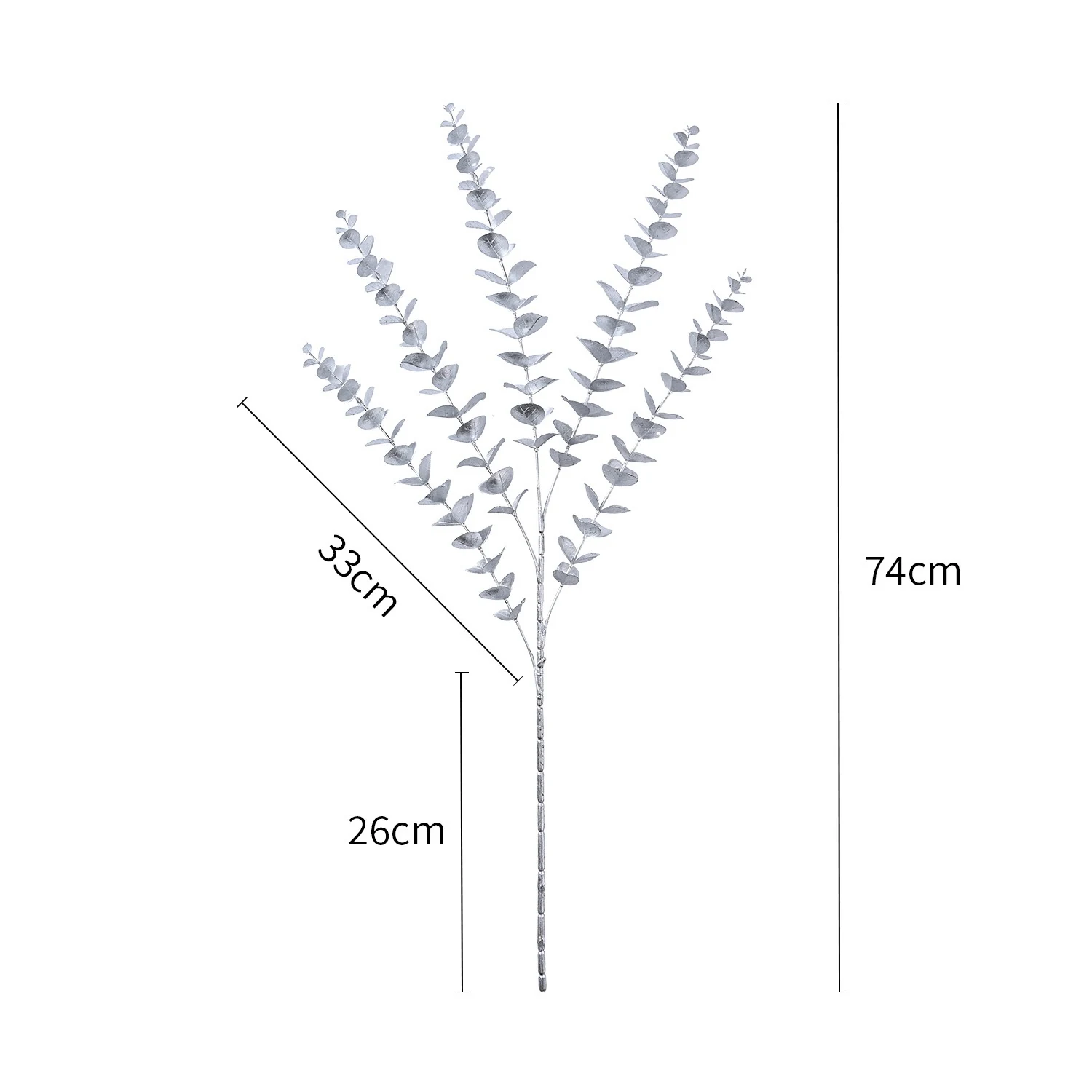 Size diagram for 74 cm silver artificial metallic eucalyptus spray