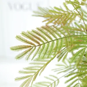 Close-up of green artificial mimosa leaf spray