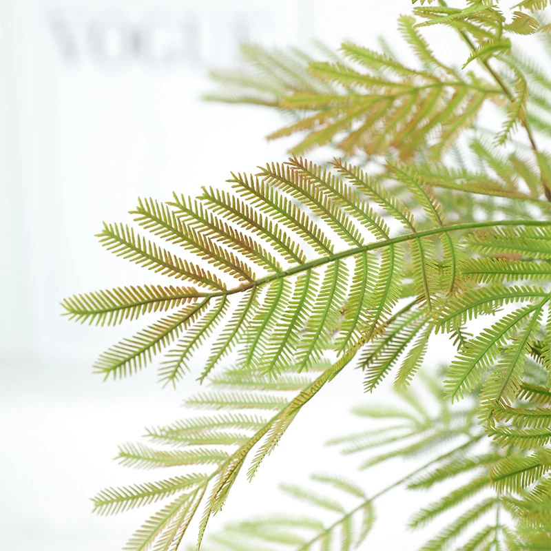 Close-up of green artificial mimosa leaf spray