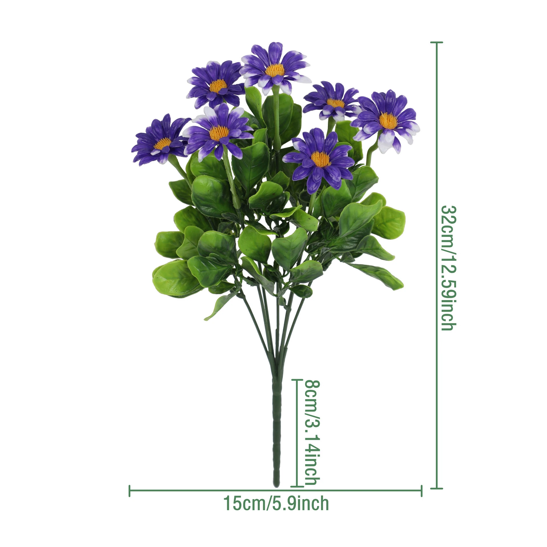 Specification diagram for blue artificial mini daisy flower bush