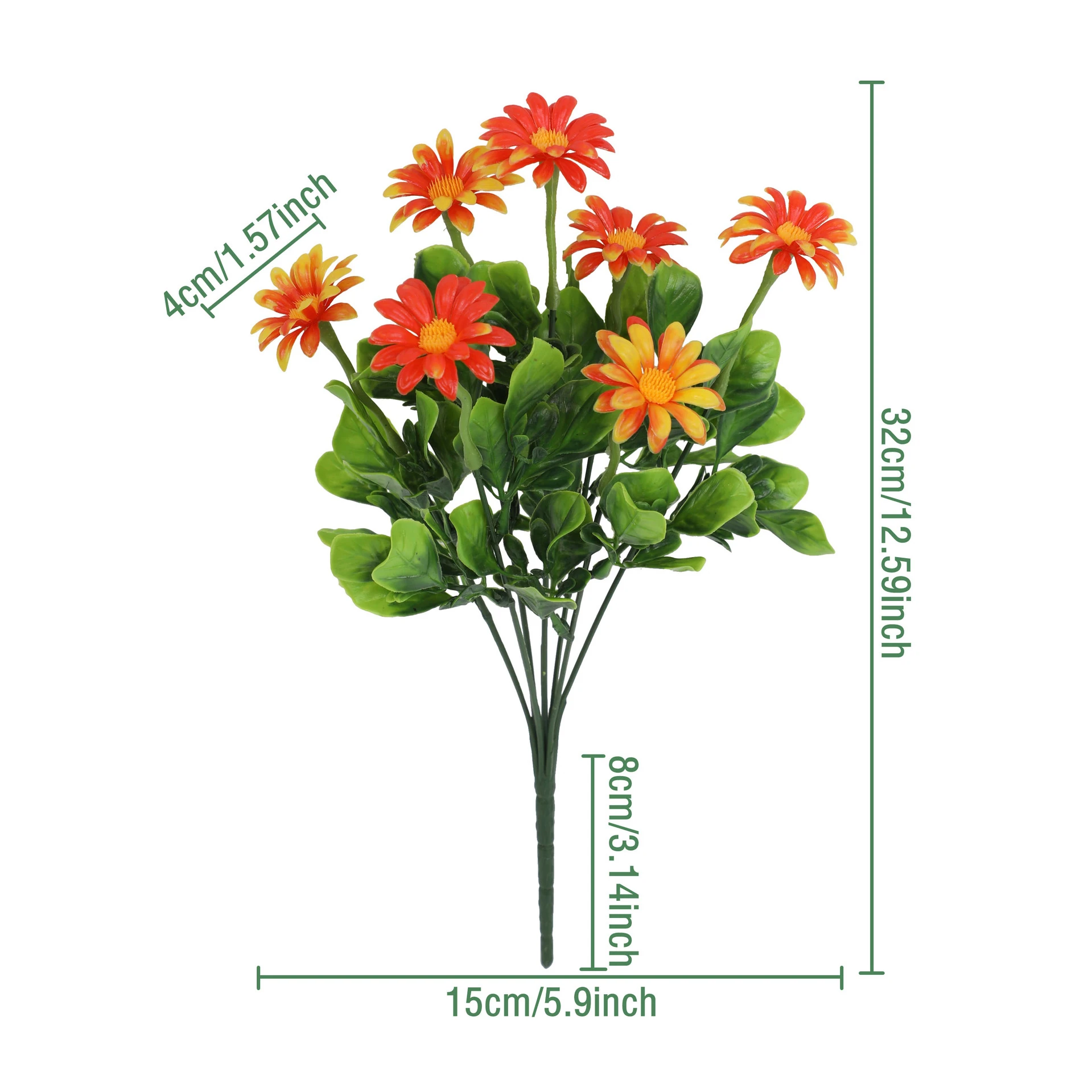 Specification diagram for orange artificial mini daisy flower bush