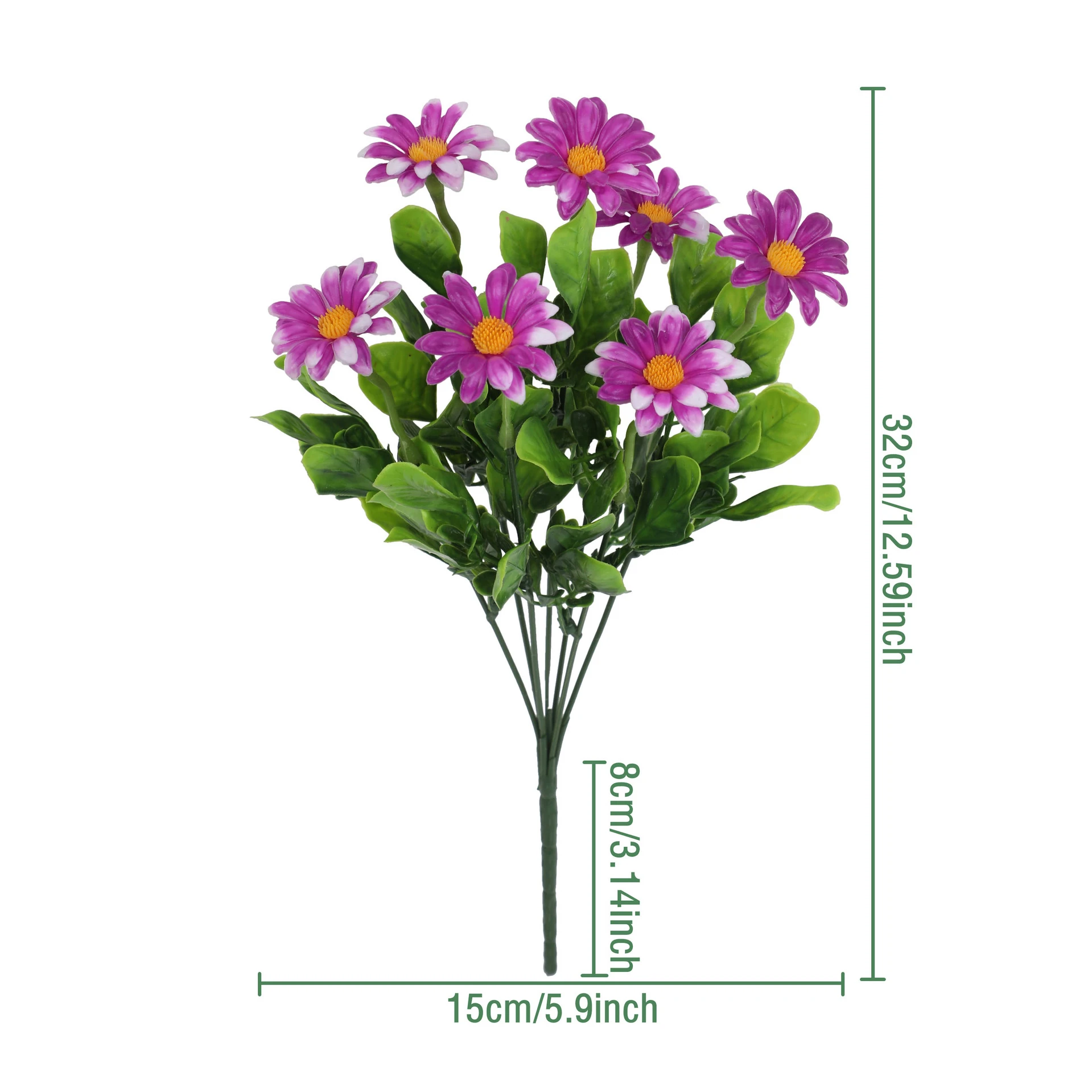 Specification diagram for purple artificial mini daisy flower bush