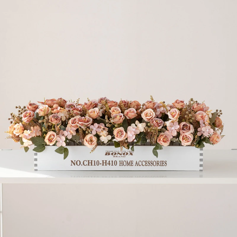 blush pink artificial mini rose flower box centerpiece
