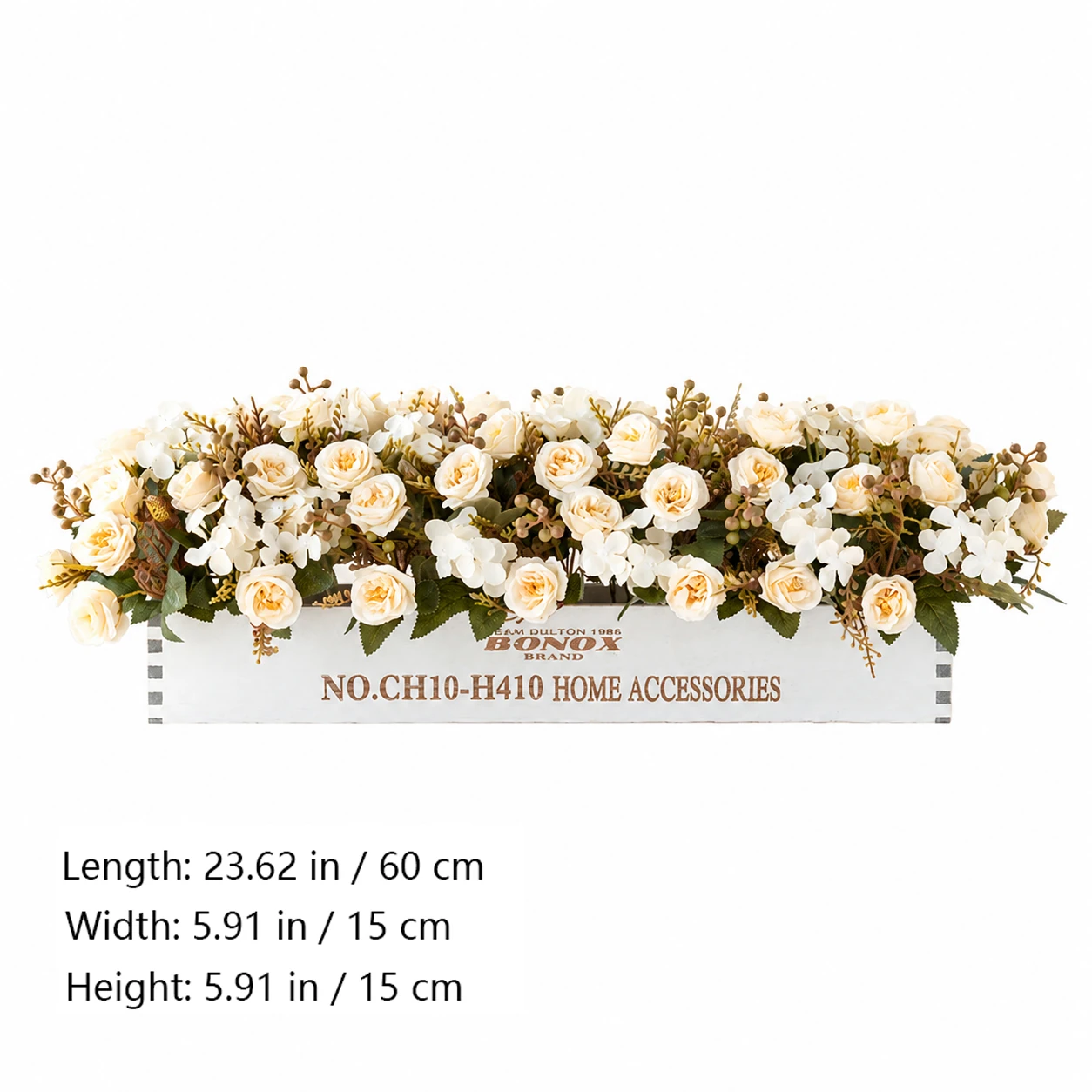 Size diagram for artificial mini rose flower box centerpiece, 60 cm