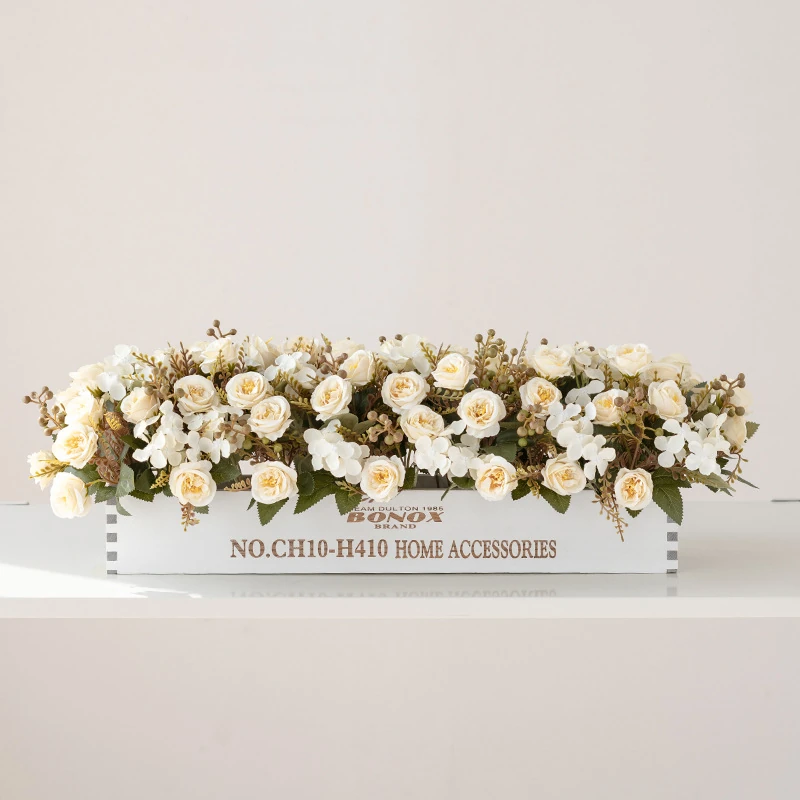 Alternate view of white artificial mini rose flower box centerpiece