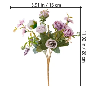 Size diagram for purple artificial mini rose mixed flower bouquet
