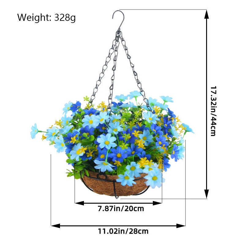 Size diagram for blue artificial mixed daisy hanging basket