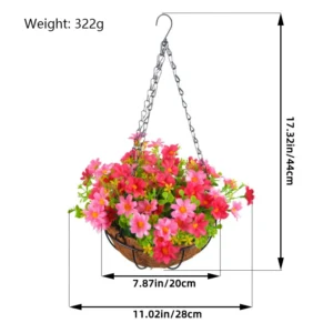 Size diagram for hot pink artificial mixed daisy hanging basket