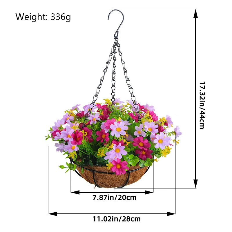 Size diagram for pink mix artificial mixed daisy hanging basket